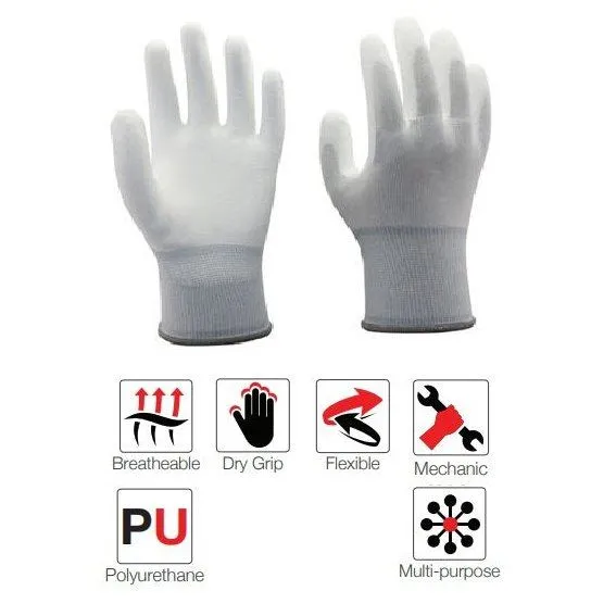 50mm 2.5'' White inspection PU anti-static carbon nylon polyester knit wrist gloves