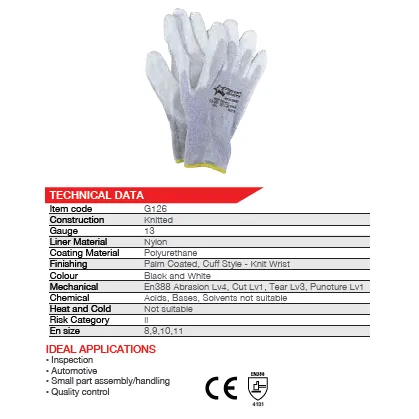 50mm 2.5'' White inspection PU anti-static carbon nylon polyester knit wrist gloves