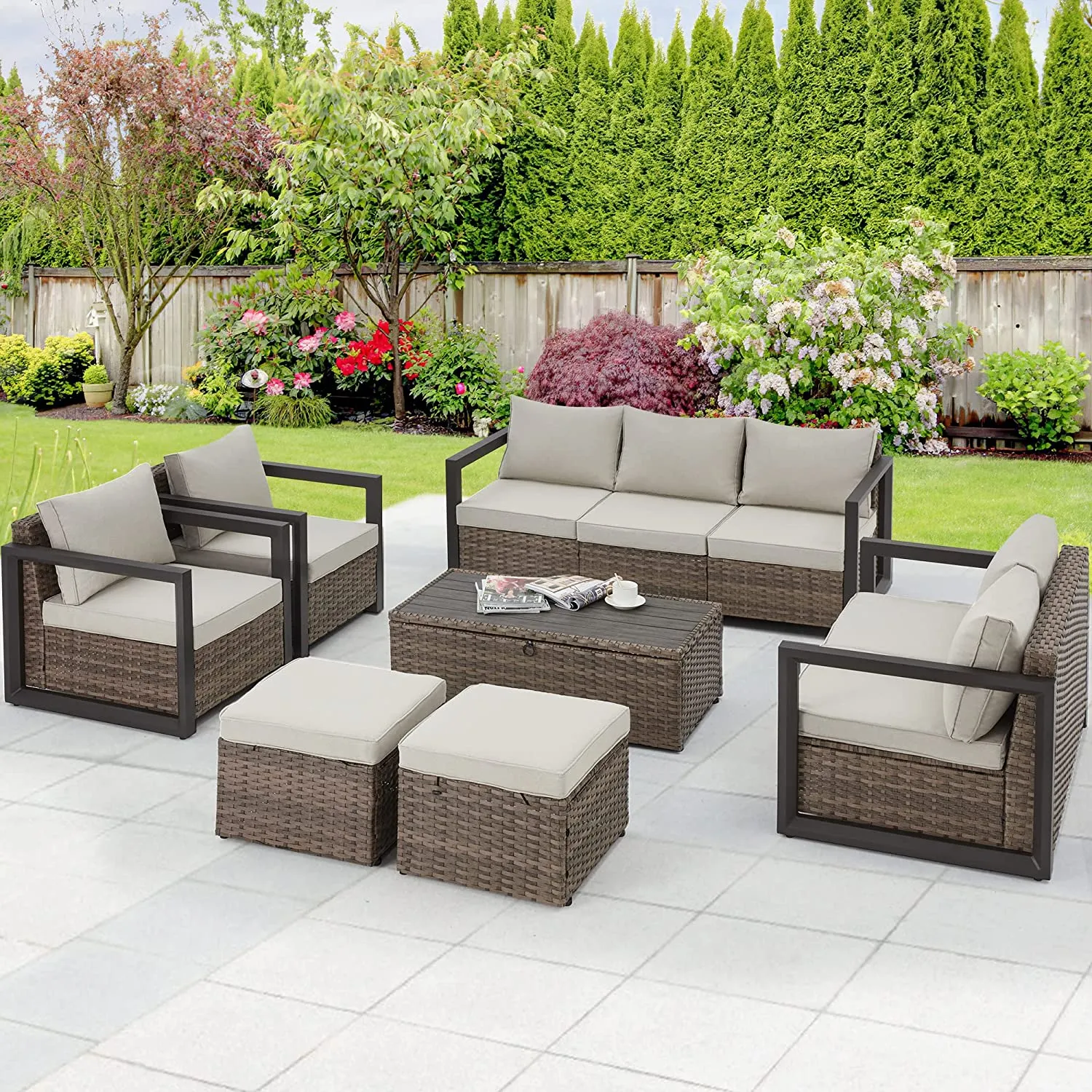 7 Pcs Outdoor Furniture Set with Coffee Table, Cushions & 2 Ottomans, Beige