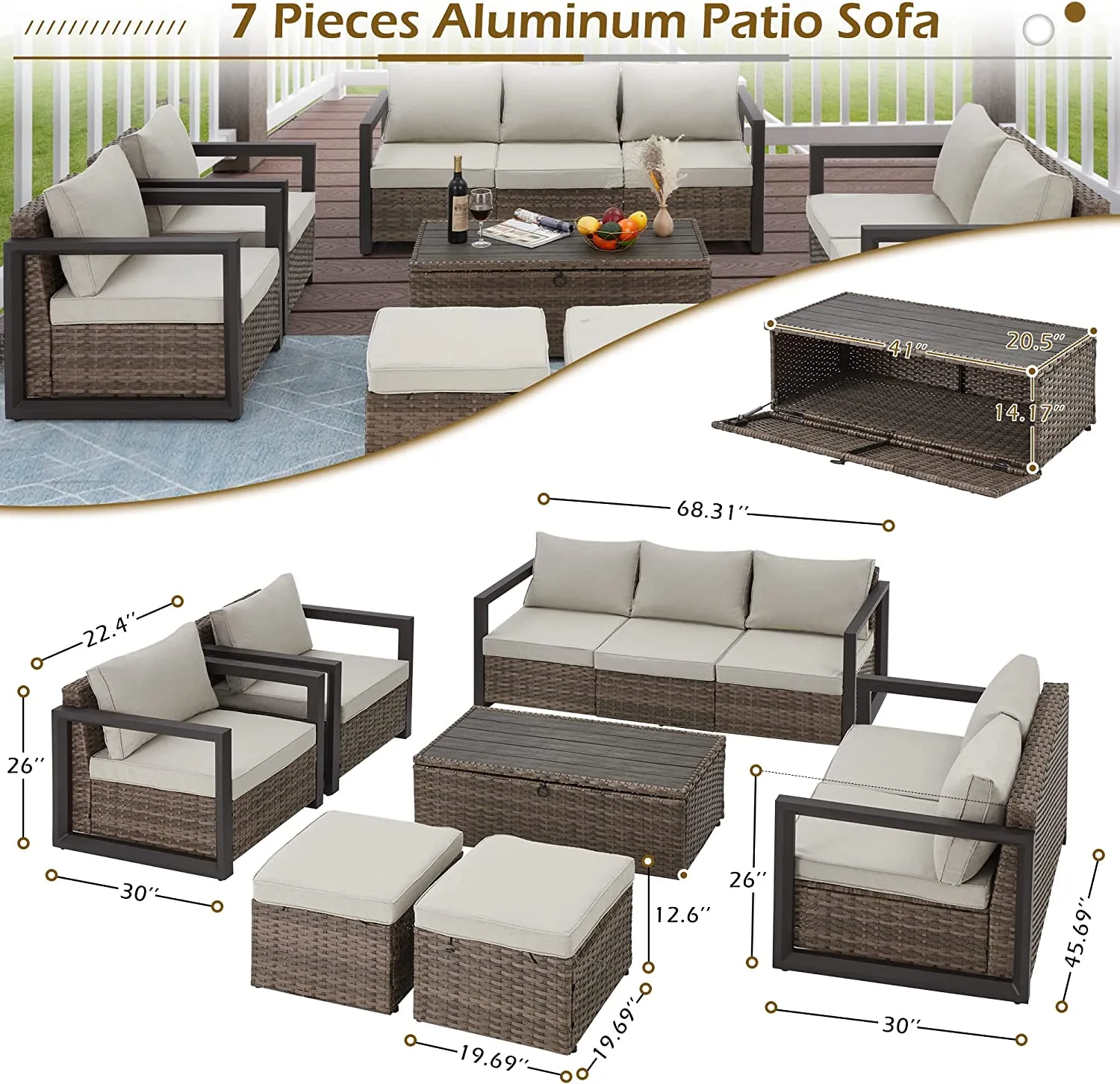 7 Pcs Outdoor Furniture Set with Coffee Table, Cushions & 2 Ottomans, Beige