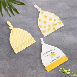 Baby Moo Mommy's Little Sunshine Knotted Infants Ultra Soft 100% Cotton All Season Pack of 3 Caps - Yellow