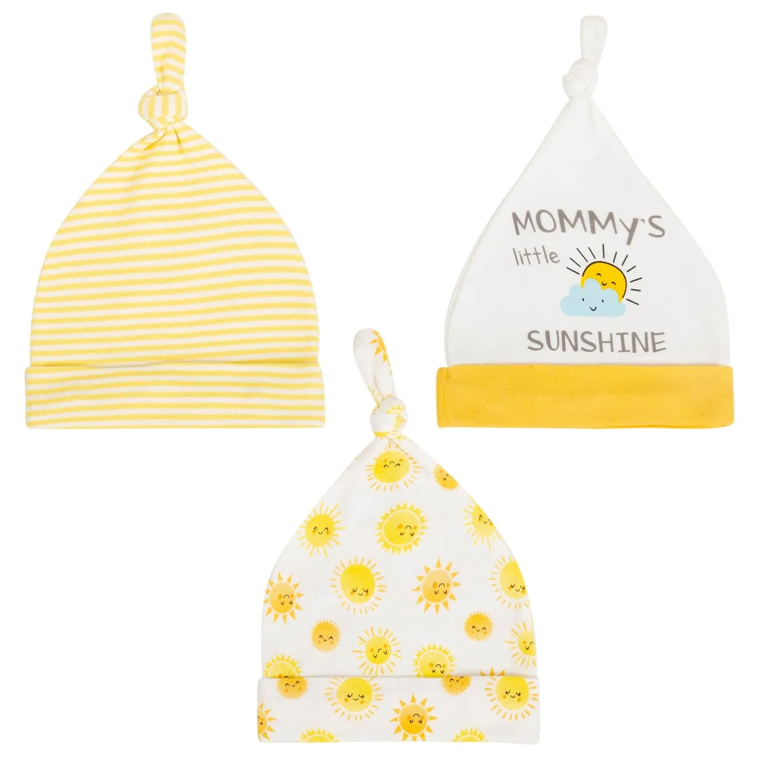 Baby Moo Mommy's Little Sunshine Knotted Infants Ultra Soft 100% Cotton All Season Pack of 3 Caps - Yellow