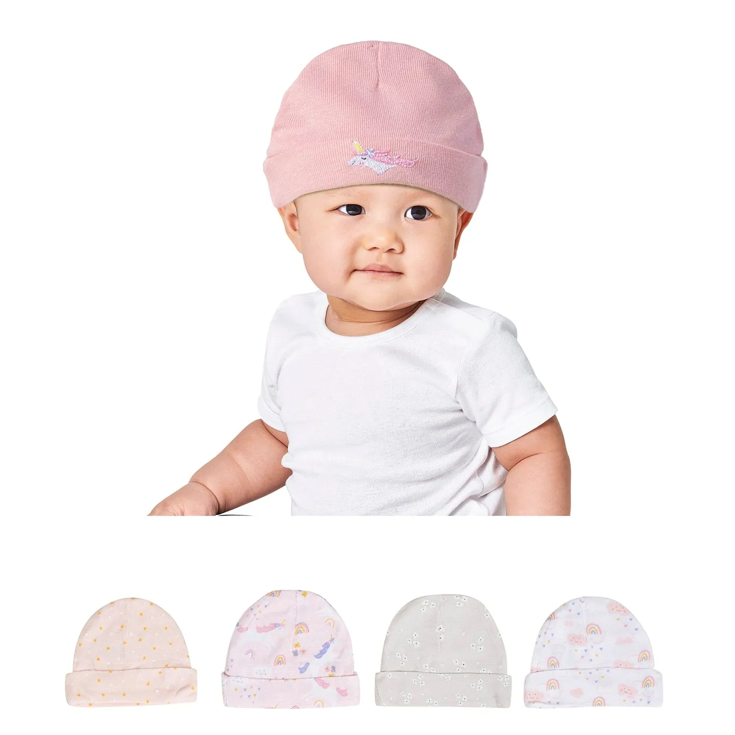 Baby Moo Rainbow Unicorn Infants Ultra Soft 100% Cotton All Season Pack of 5 Caps - Pink