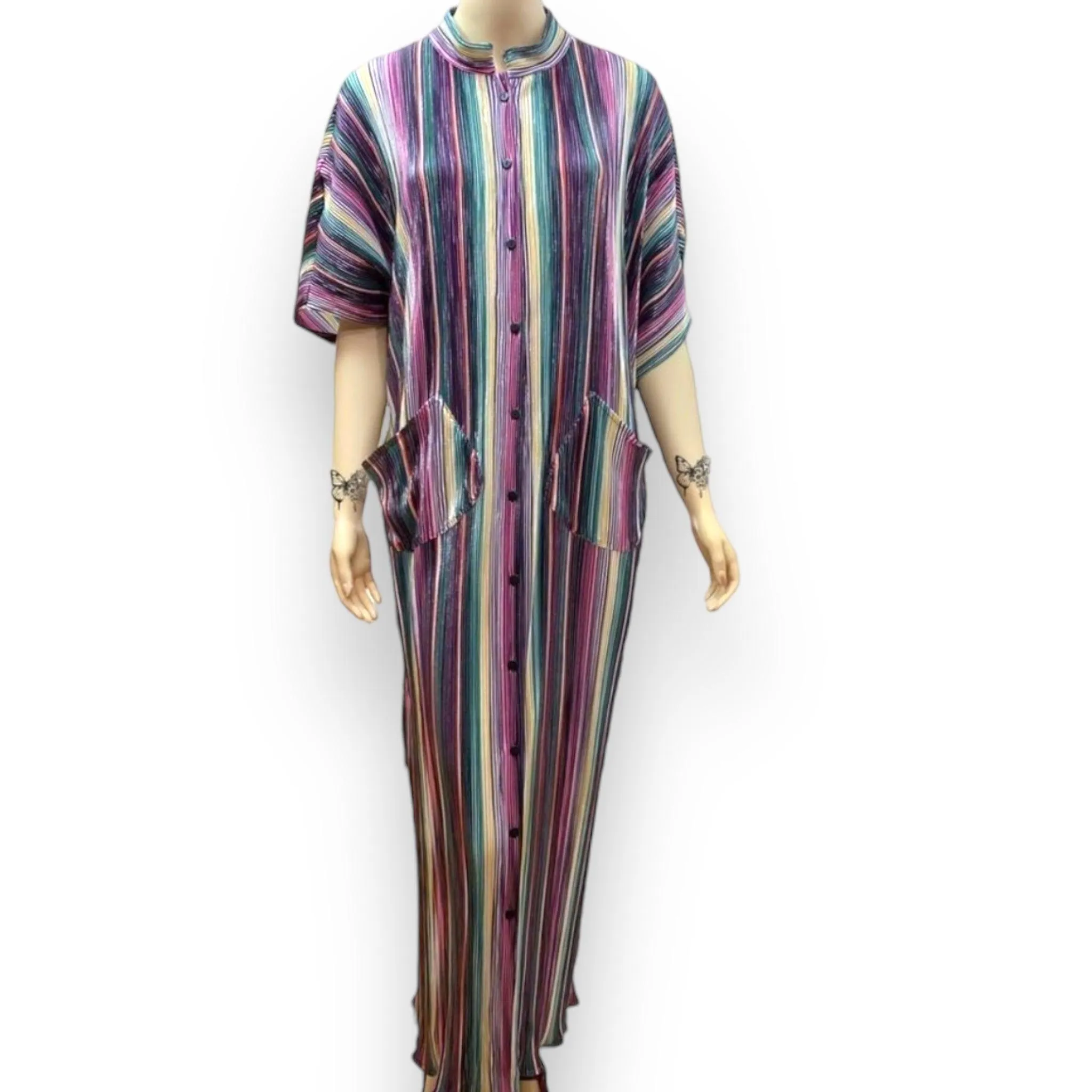 Colorful Plisse Striped Button Down Kaftan