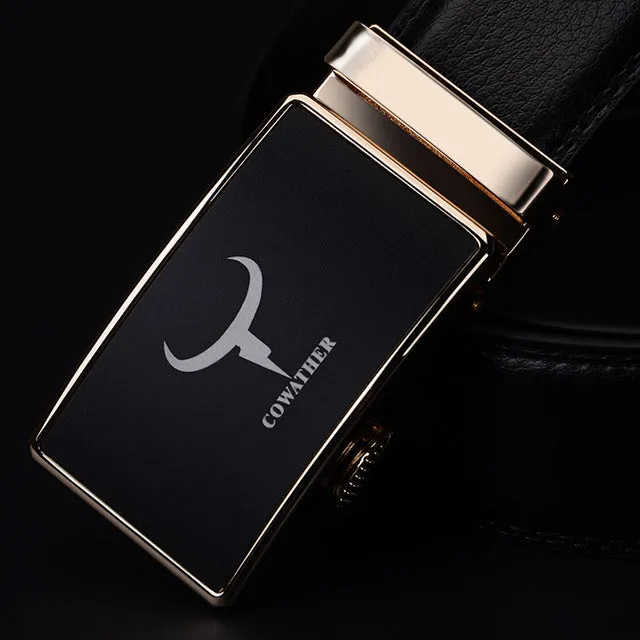 COWATHER mens belt cow genuine leather belts for men 2017 fashion automatic alloy gold silver buckle black strap new arrival