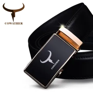 COWATHER mens belt cow genuine leather belts for men 2017 fashion automatic alloy gold silver buckle black strap new arrival