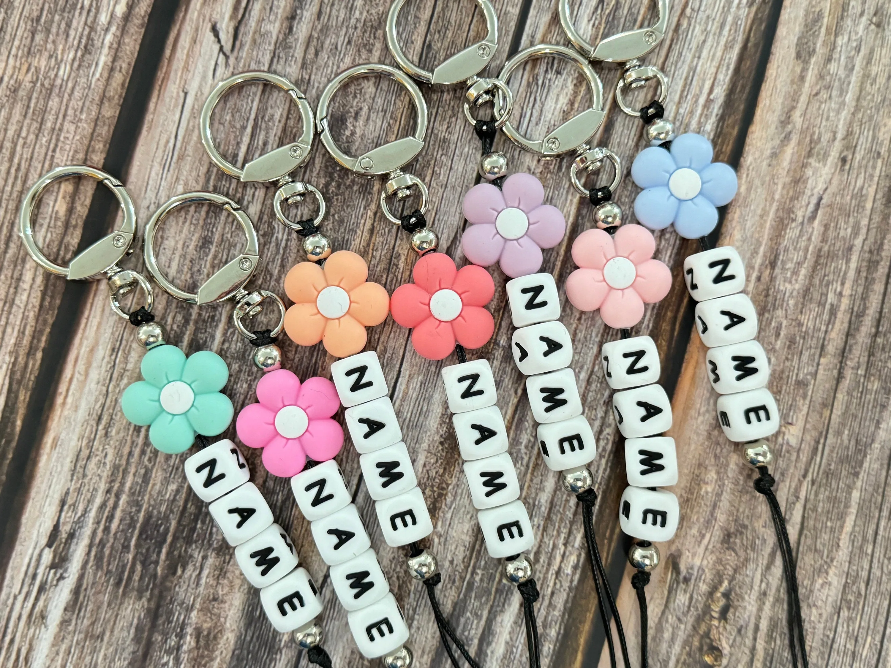 Custom Name Keychain with Teal Petal flower and Silicone Letter Beads