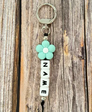 Custom Name Keychain with Teal Petal flower and Silicone Letter Beads