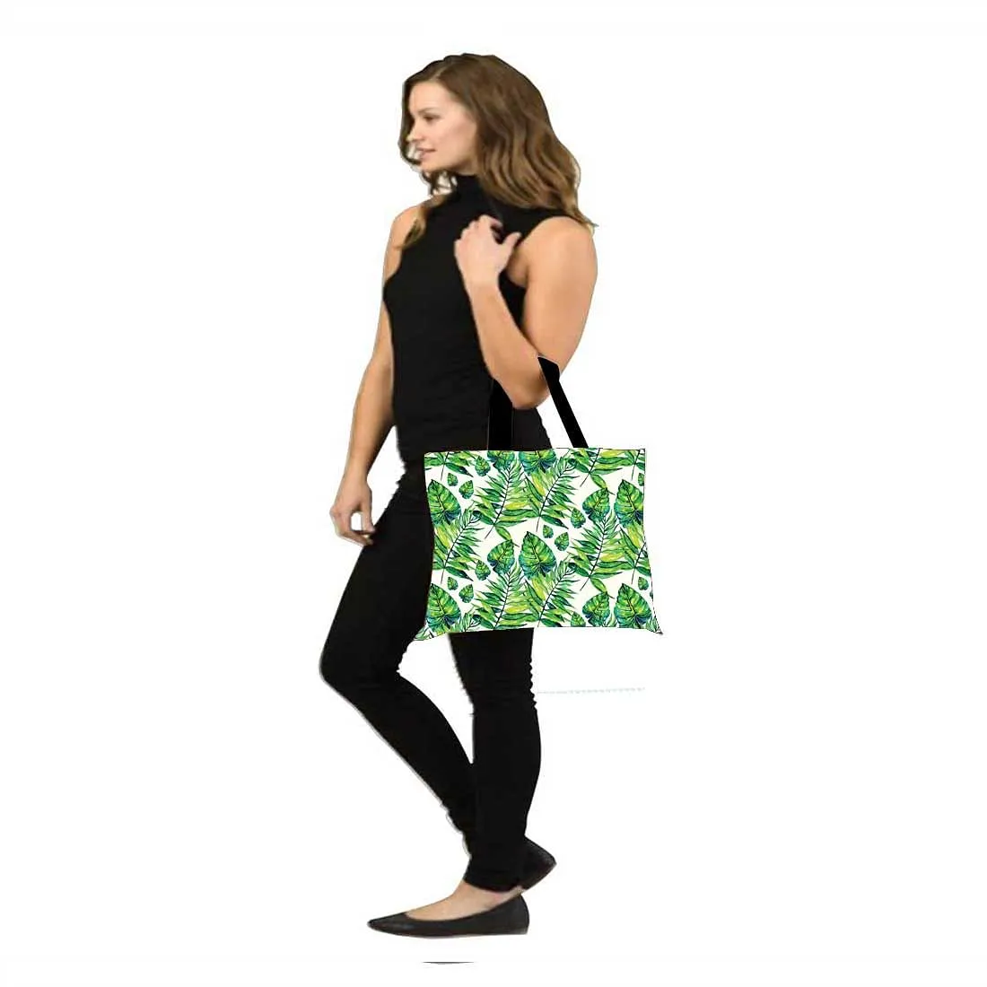 Designer Tote Bag With Zip Beach Gym Travel Bags -  Green Tropical Leaf