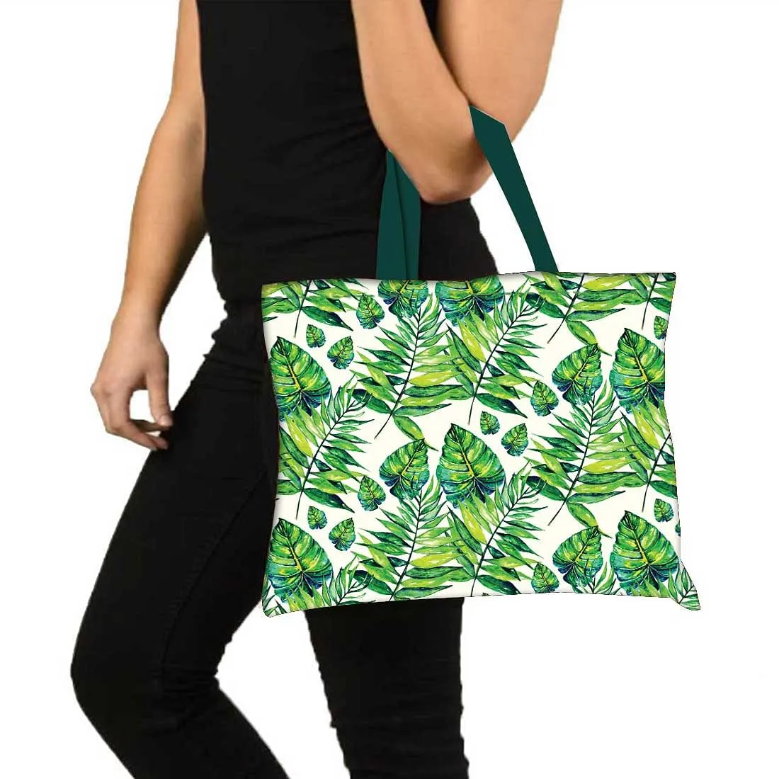 Designer Tote Bag With Zip Beach Gym Travel Bags -  Green Tropical Leaf