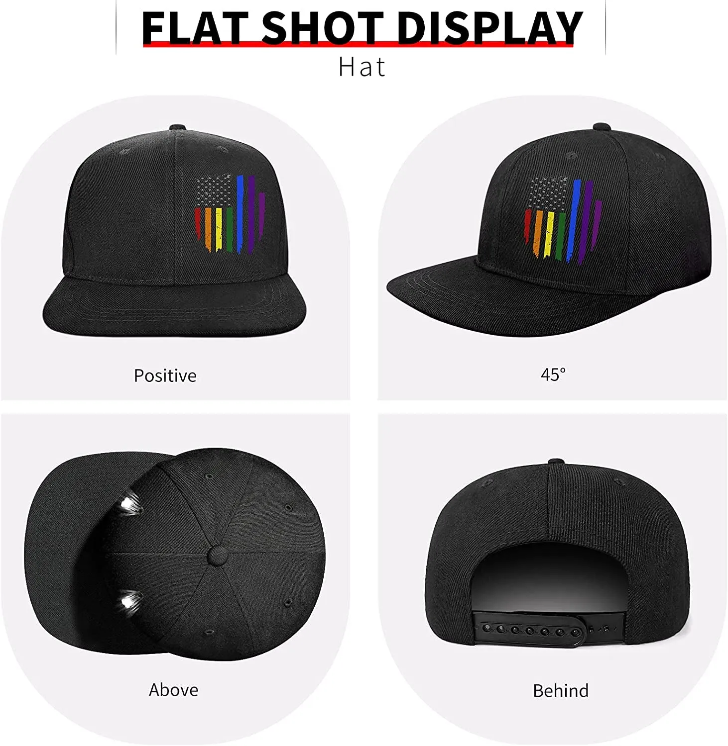 Flat Bill Snapback Hats for Men Snap Backpack Brim American Flag Hat Mens Caps Gay Pride Hat Accessories LGBT Lesbian Gifts Bisexual Rainbow Love Trucker Cool Rock Roll Baseball Cap for Men Women Boys