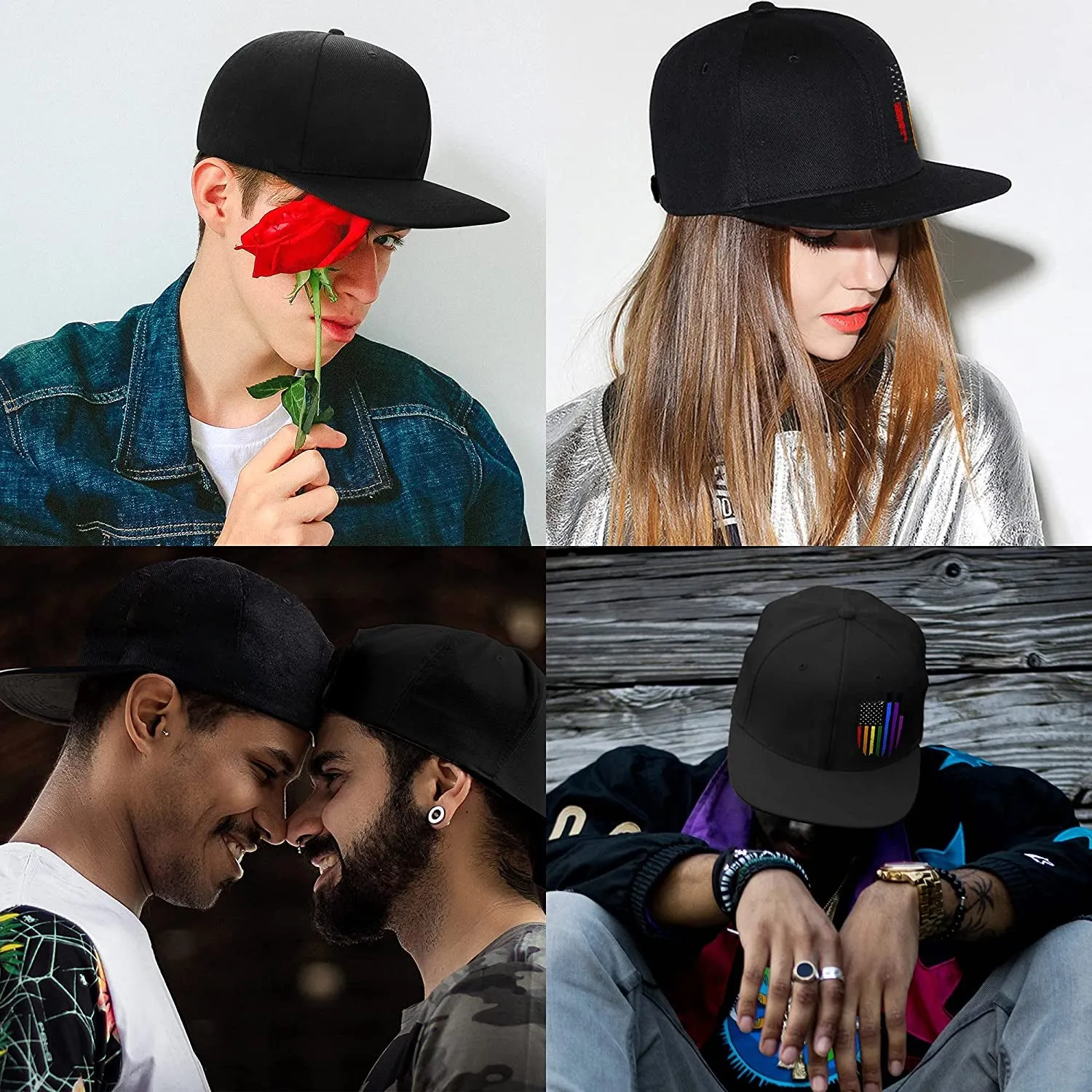 Flat Bill Snapback Hats for Men Snap Backpack Brim American Flag Hat Mens Caps Gay Pride Hat Accessories LGBT Lesbian Gifts Bisexual Rainbow Love Trucker Cool Rock Roll Baseball Cap for Men Women Boys