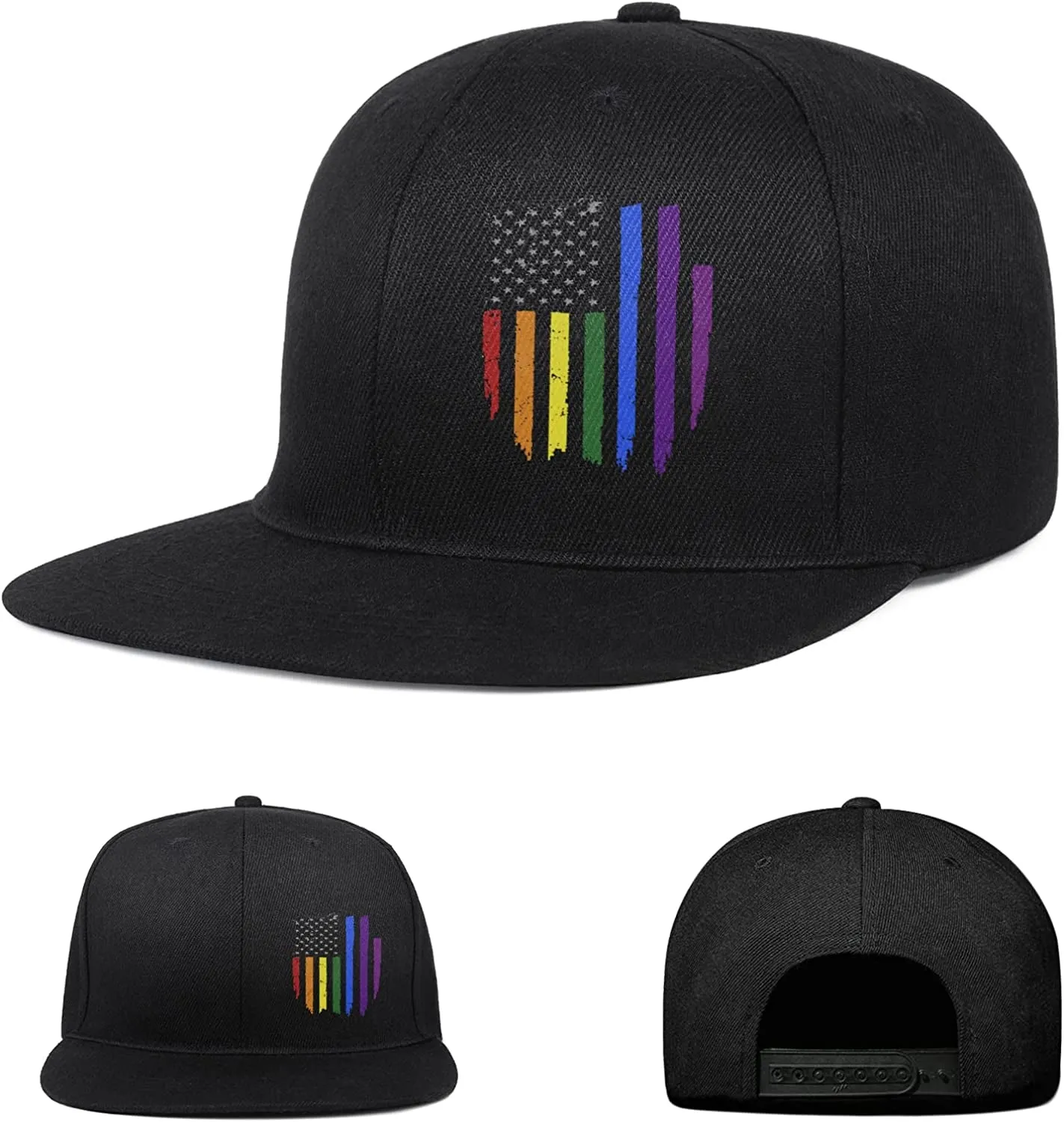 Flat Bill Snapback Hats for Men Snap Backpack Brim American Flag Hat Mens Caps Gay Pride Hat Accessories LGBT Lesbian Gifts Bisexual Rainbow Love Trucker Cool Rock Roll Baseball Cap for Men Women Boys