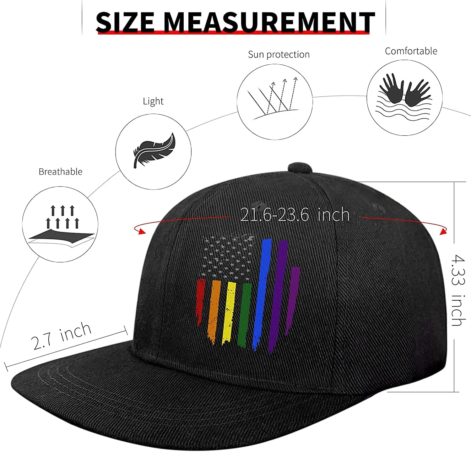 Flat Bill Snapback Hats for Men Snap Backpack Brim American Flag Hat Mens Caps Gay Pride Hat Accessories LGBT Lesbian Gifts Bisexual Rainbow Love Trucker Cool Rock Roll Baseball Cap for Men Women Boys