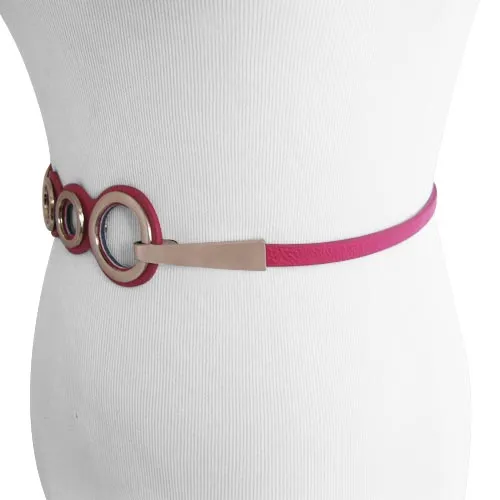 Fuchsia Textured Ecru Faux Leather Belt With Polished Bronze Circle