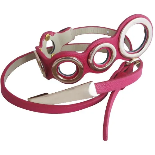 Fuchsia Textured Ecru Faux Leather Belt With Polished Bronze Circle