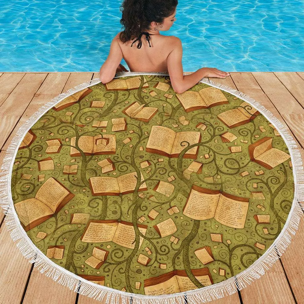 Green Bookish Round Beach Blanket