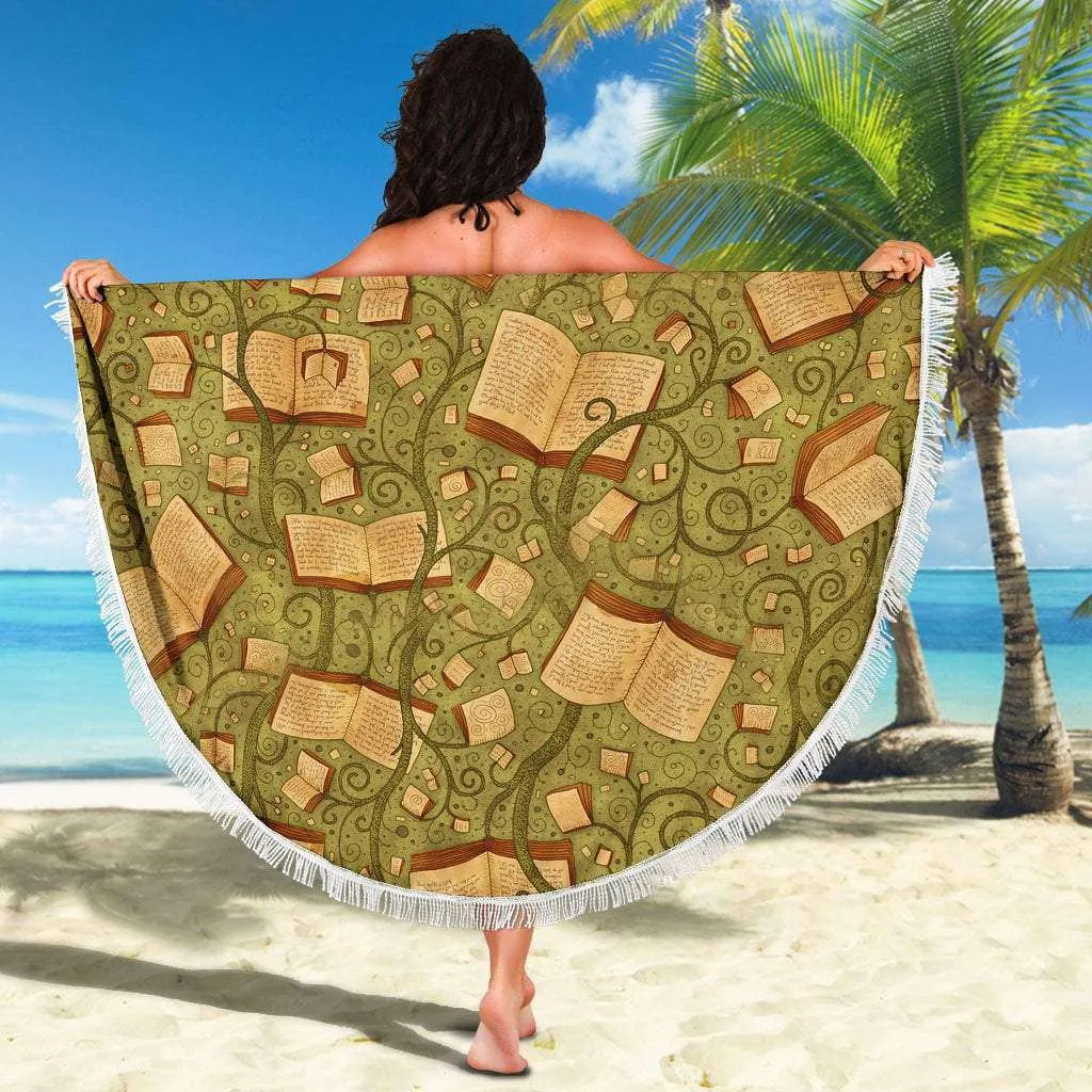 Green Bookish Round Beach Blanket