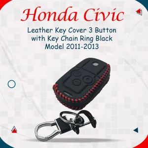 Honda Civic Leather Key Cover 3 Buttons with Key Chain Ring Black - Model 2011-2013