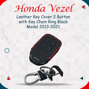 Honda Vezel Leather Key Cover 2 Button with Key Chain Ring Black - Model 2013-2021