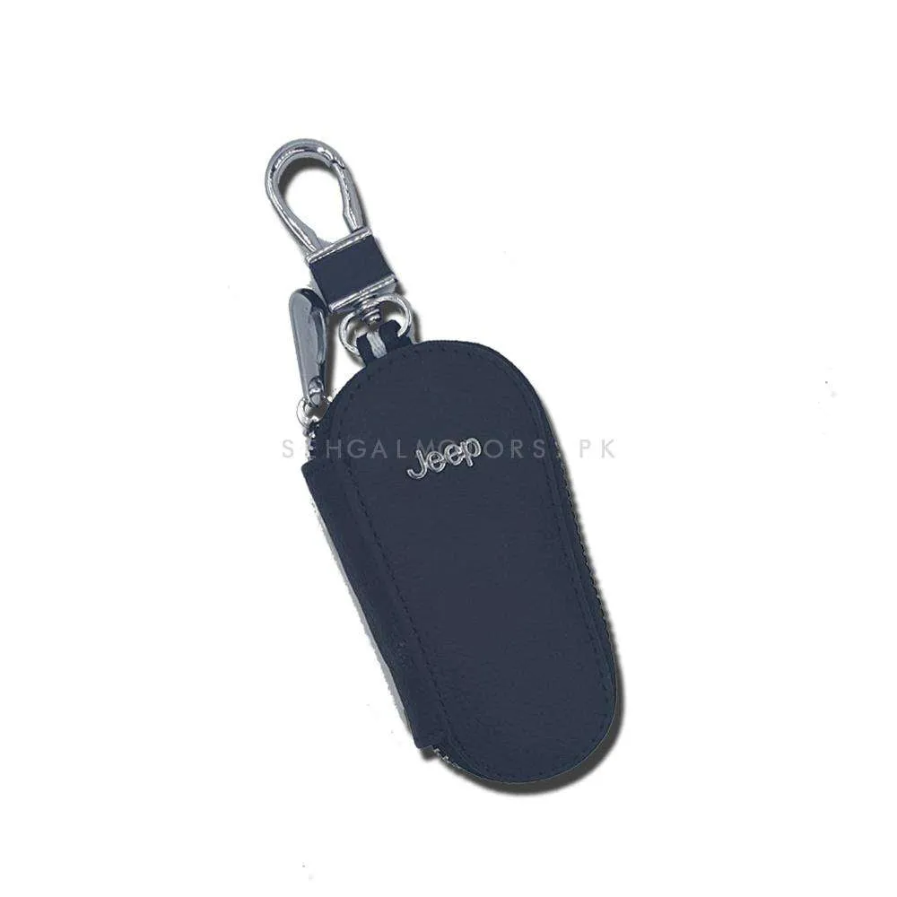 Jeep Zipper Matte Leather Key Cover Pouch Black with Keychain Ring