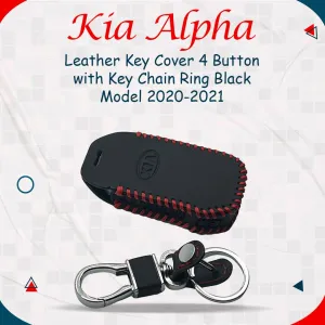 Kia Alpha Leather Key Cover 4 Buttons with Key Chain Ring Black - Model 2020-2021