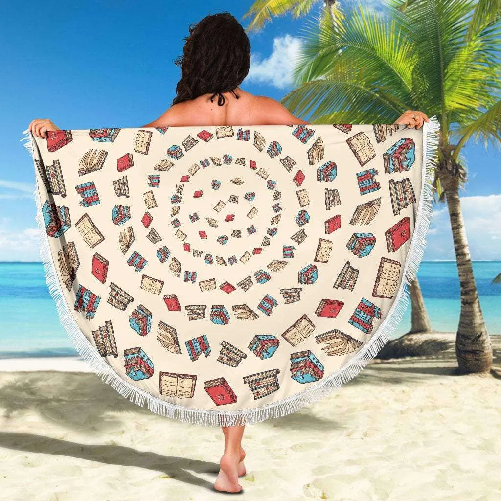 Light Brown Bookish Round Beach Blanket