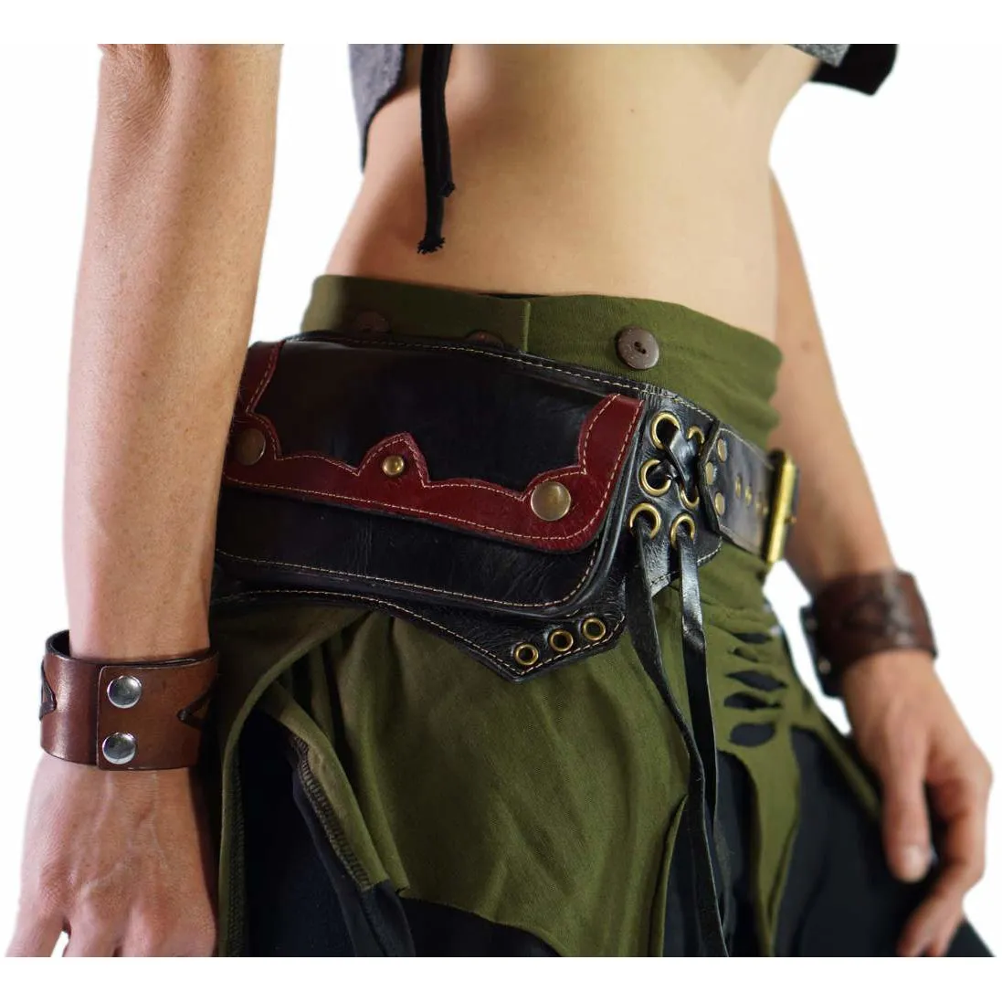 'Lill' - Boho  Leather Utility Belt -  Black/Red