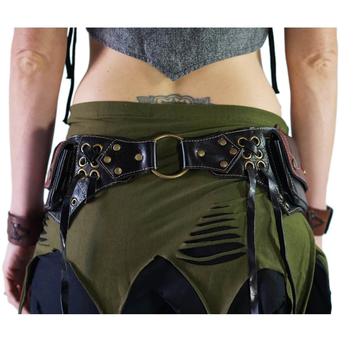 'Lill' - Boho  Leather Utility Belt -  Black/Red