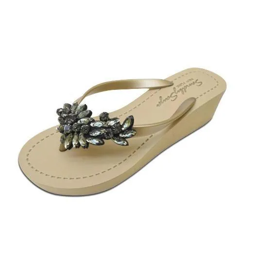 Manhattan Black - Crystal Stones Embellished Mid Wedge Flip Flops