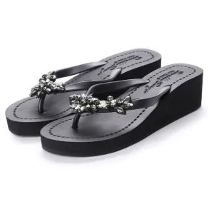 Manhattan Black - Crystal Stones Embellished Mid Wedge Flip Flops