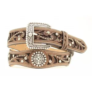 MF Western Ariat Brown Scroll Inlay with Crystals Women's Scalloped Belt Style A1513002