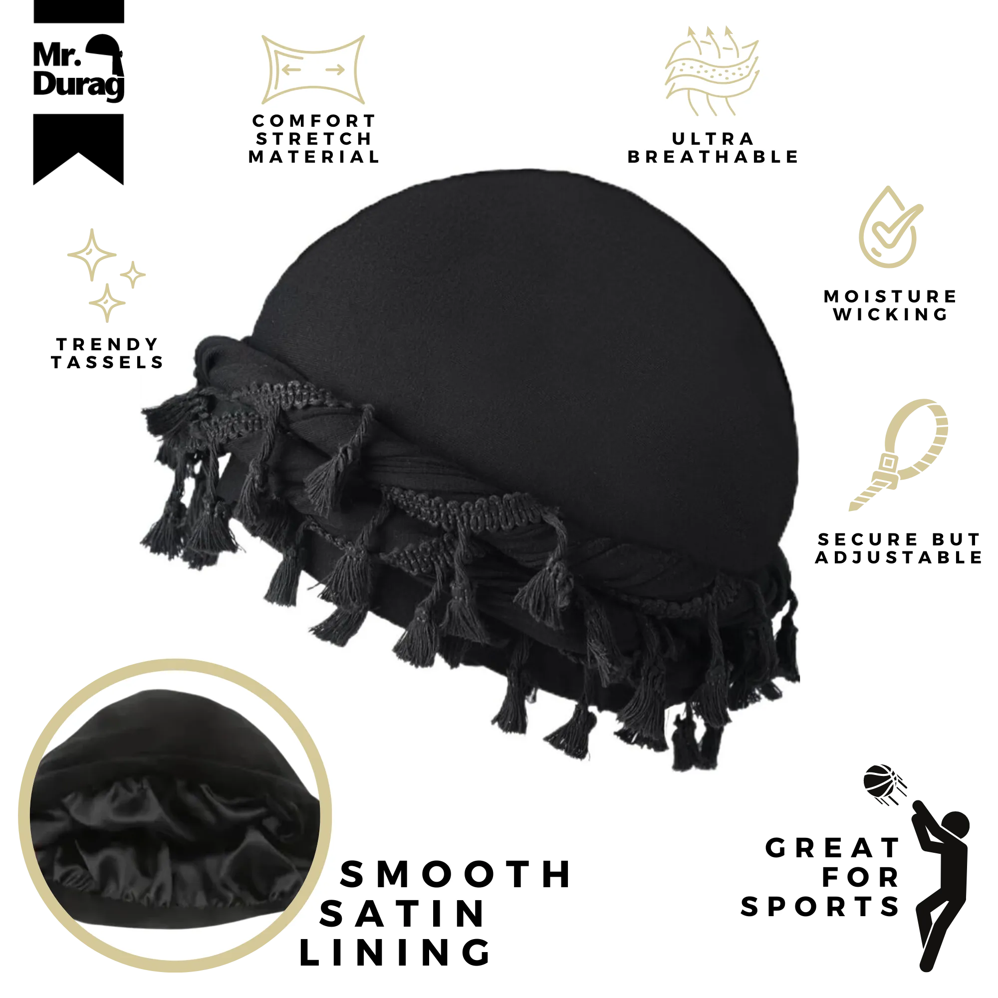 Mr. Durag Silky Spandex Crown Turban with Tassel, L/XL, Black