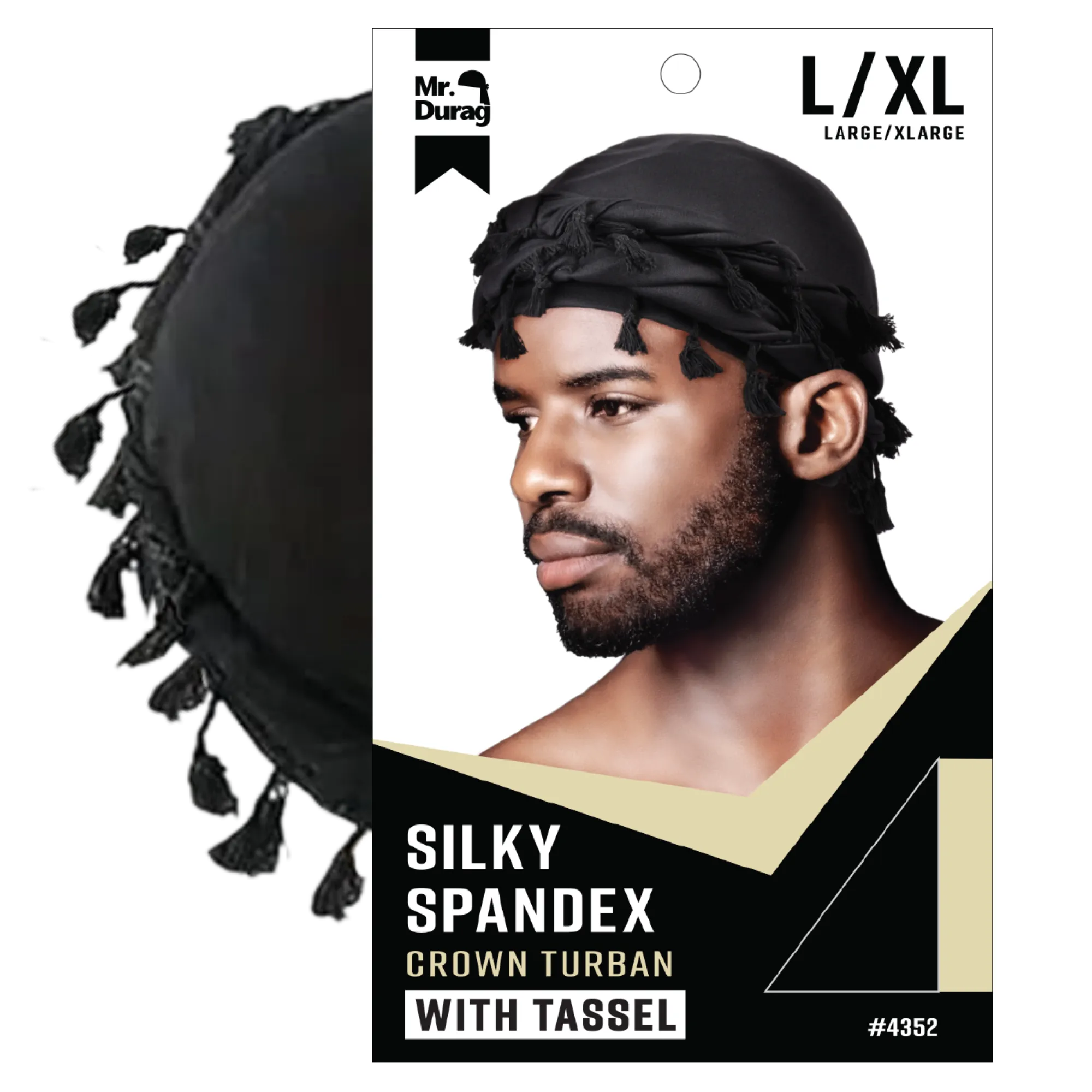 Mr. Durag Silky Spandex Crown Turban with Tassel, L/XL, Black