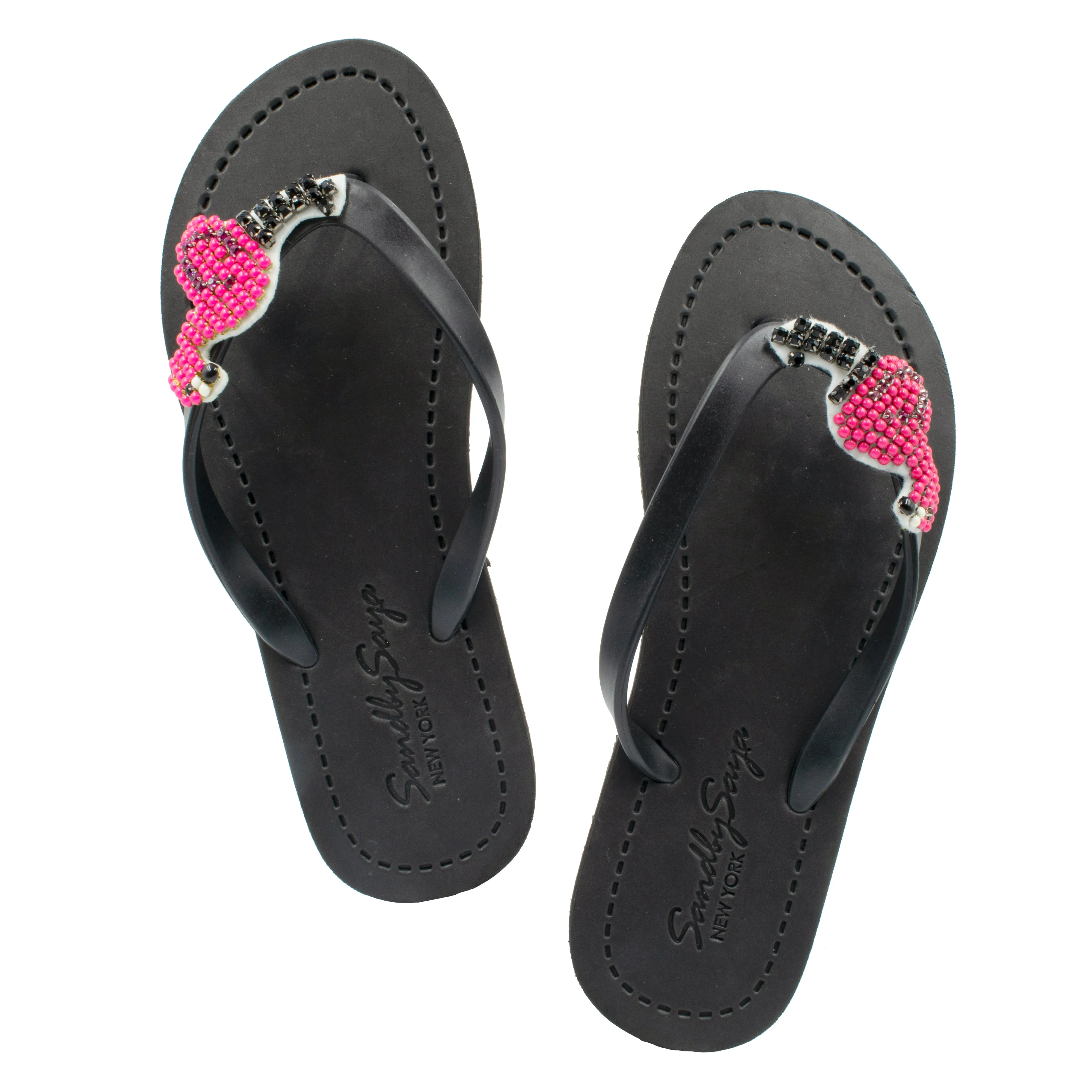 Pink Flamingo - Embroidered Flat Flip Flops Sandal