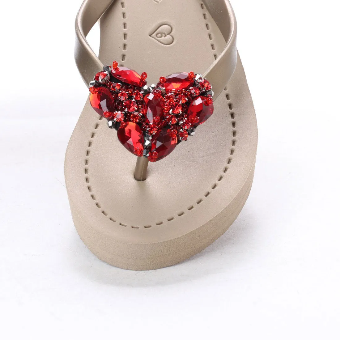 Red Heart - Rhinestone Mid Wedge Flip Flops