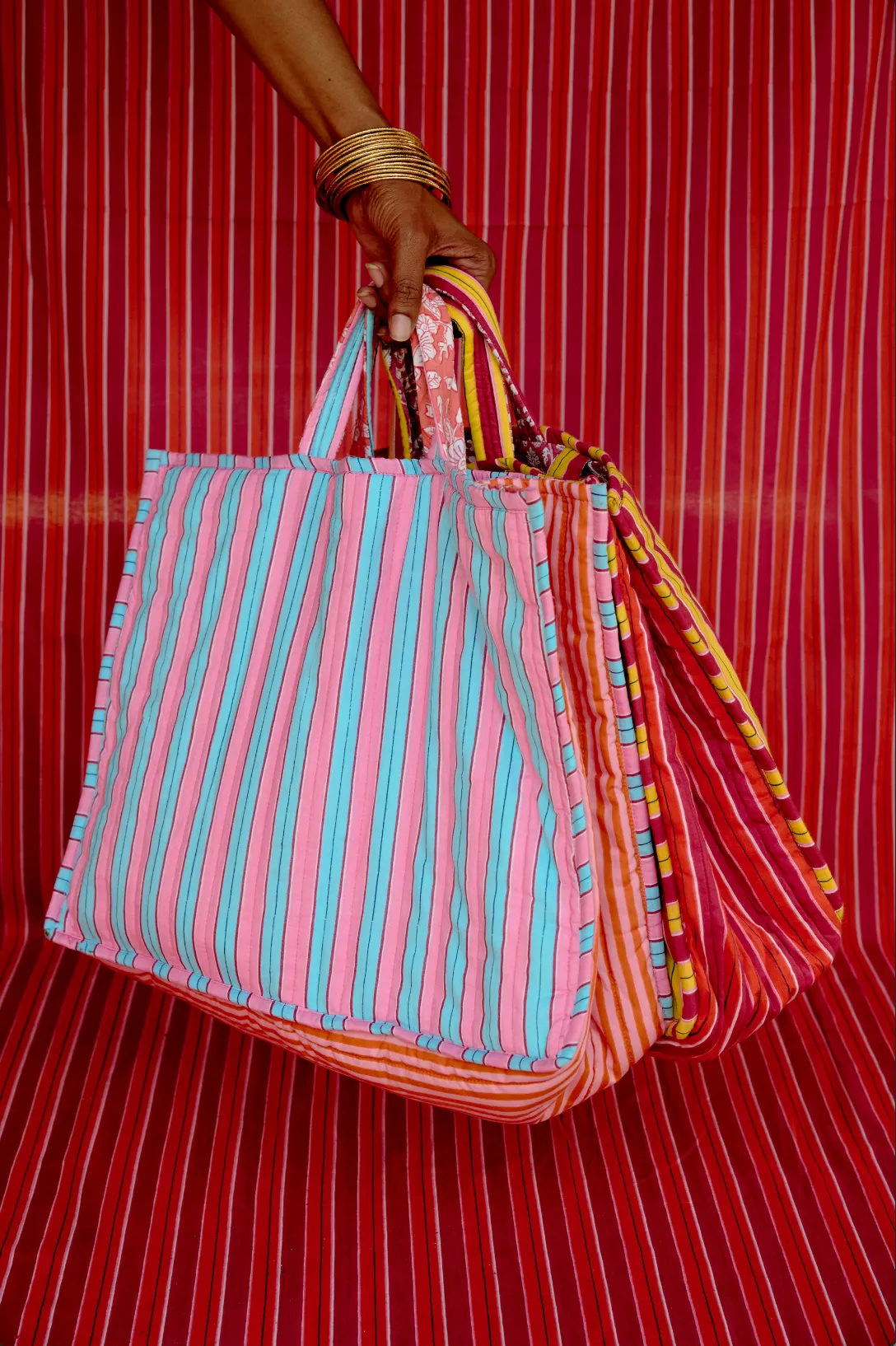 Striped Quilted Tote Bag (Pink & Blue)