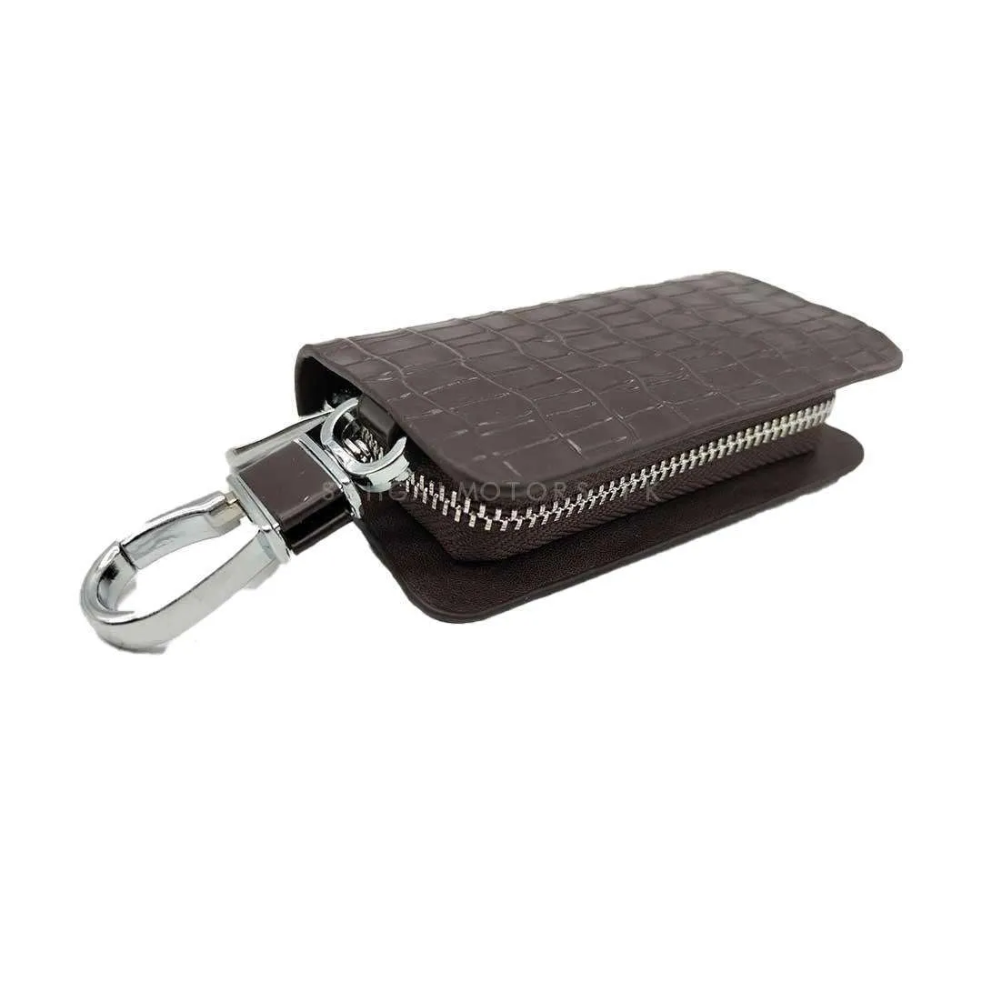 Universal Crocodile Style Zipper Matte Leather Key Cover Pouch Brown with Keychain Ring