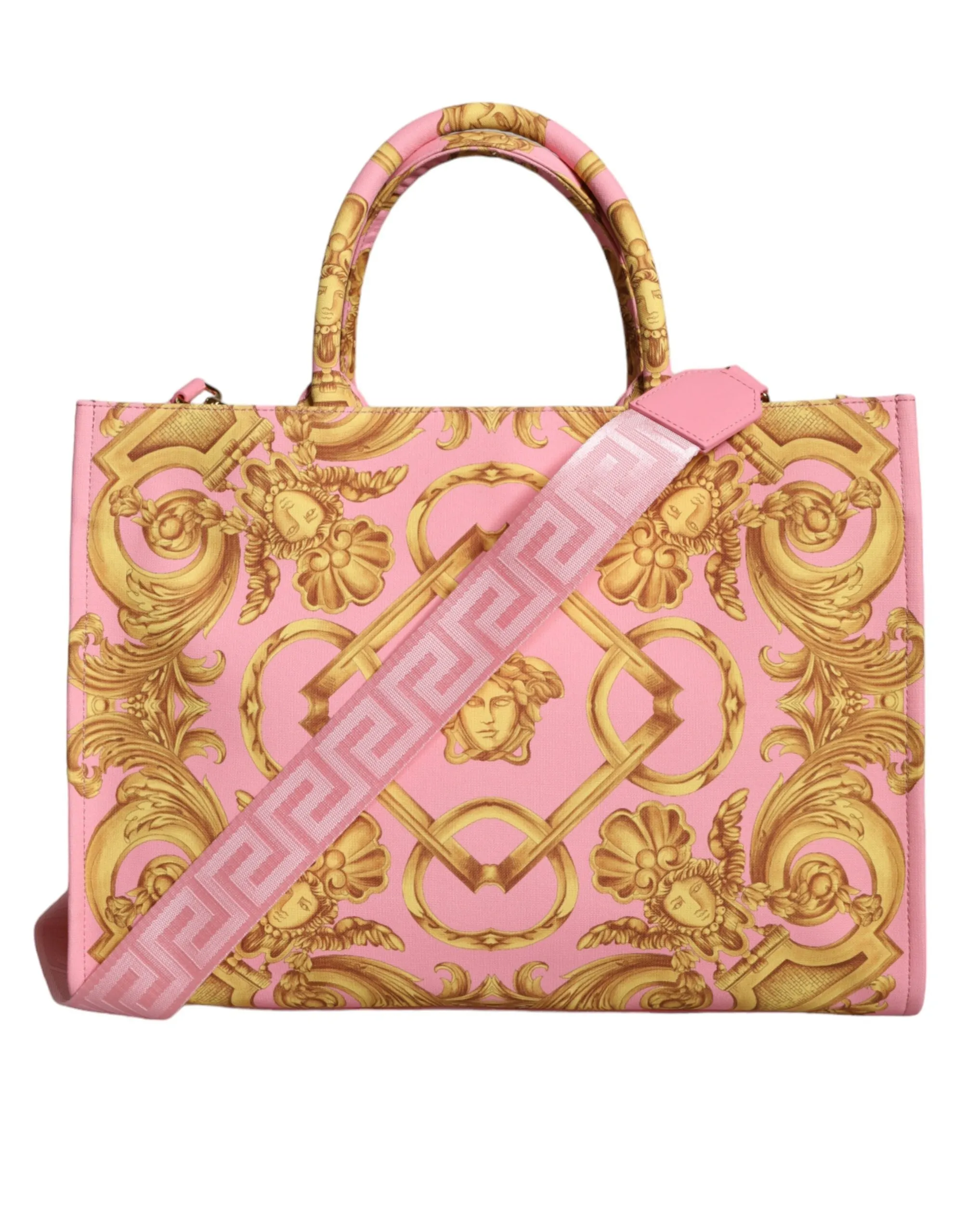 Versace Pink Printed Large Fabric Leather Shopping Tote Bag