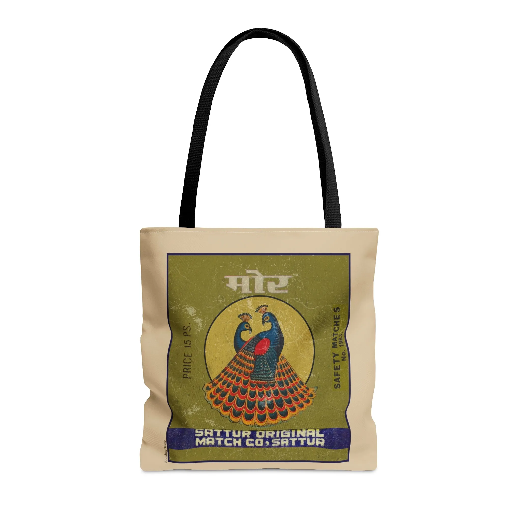 Vintage Indian Matchbox Art Tote Bag: Peacock